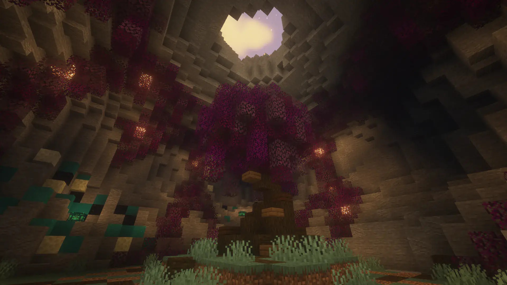 The Sanctuary Tree basking in the light from a crack in the caves - standing strong against the Eldritch Corruption.